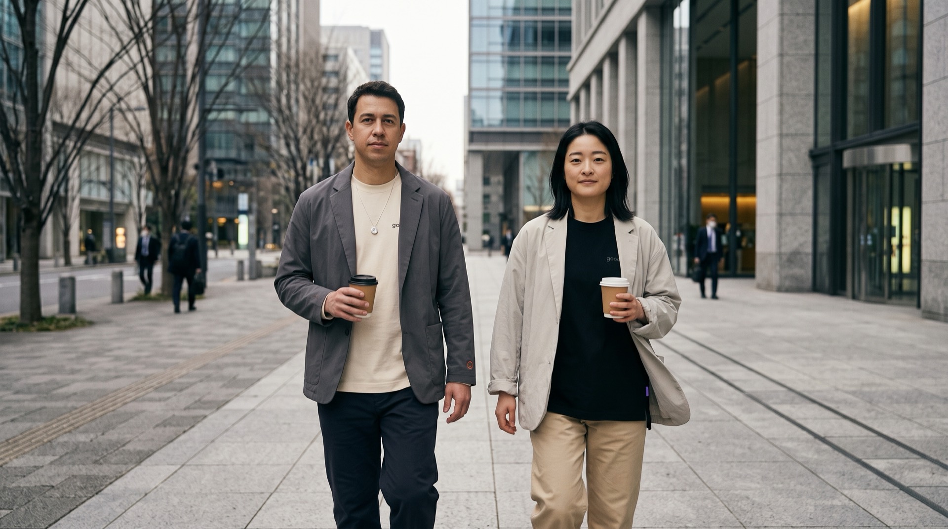 Two people walking through a business district in the morning