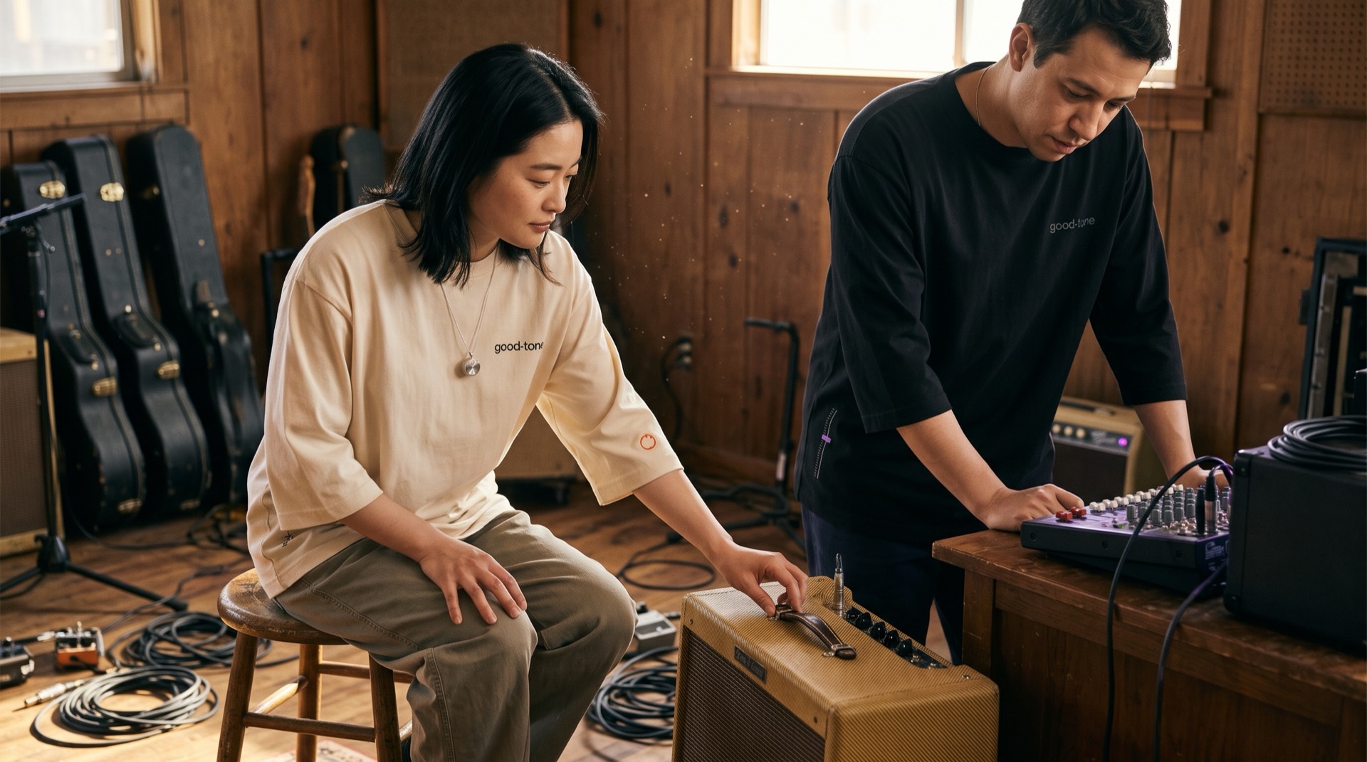 Two people tuning an amp and a mixer in a wooden studio