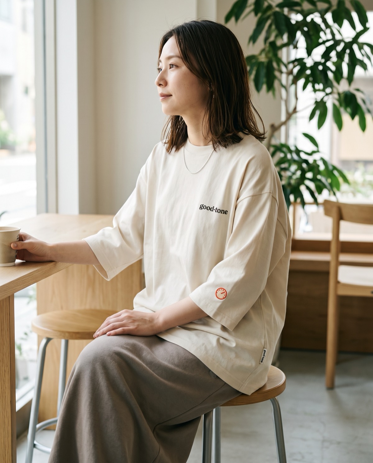 In Tone Tee, cream, worn